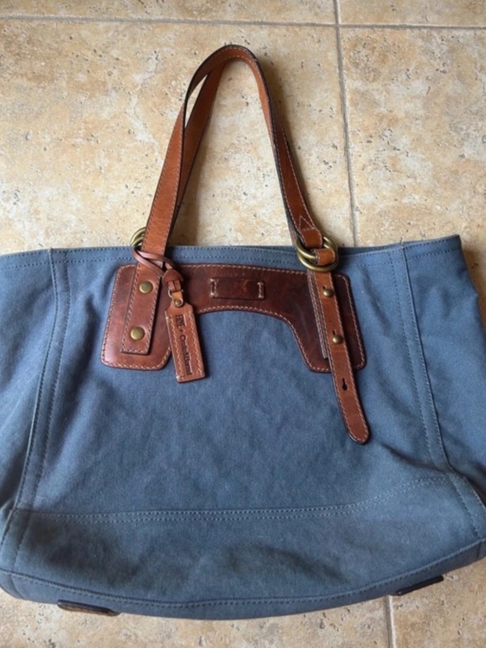 Frye X Crate & Barrel Blue Canvas Tote with Brown Leather Trim Like New